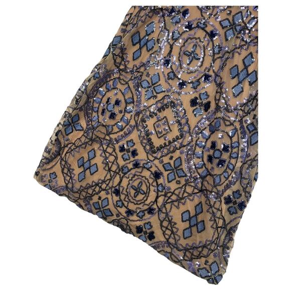 Free People Dress Womens 2 Blue Tan Sequin Mini Boho Festival Party Mesh HOCO - Picture 8 of 12